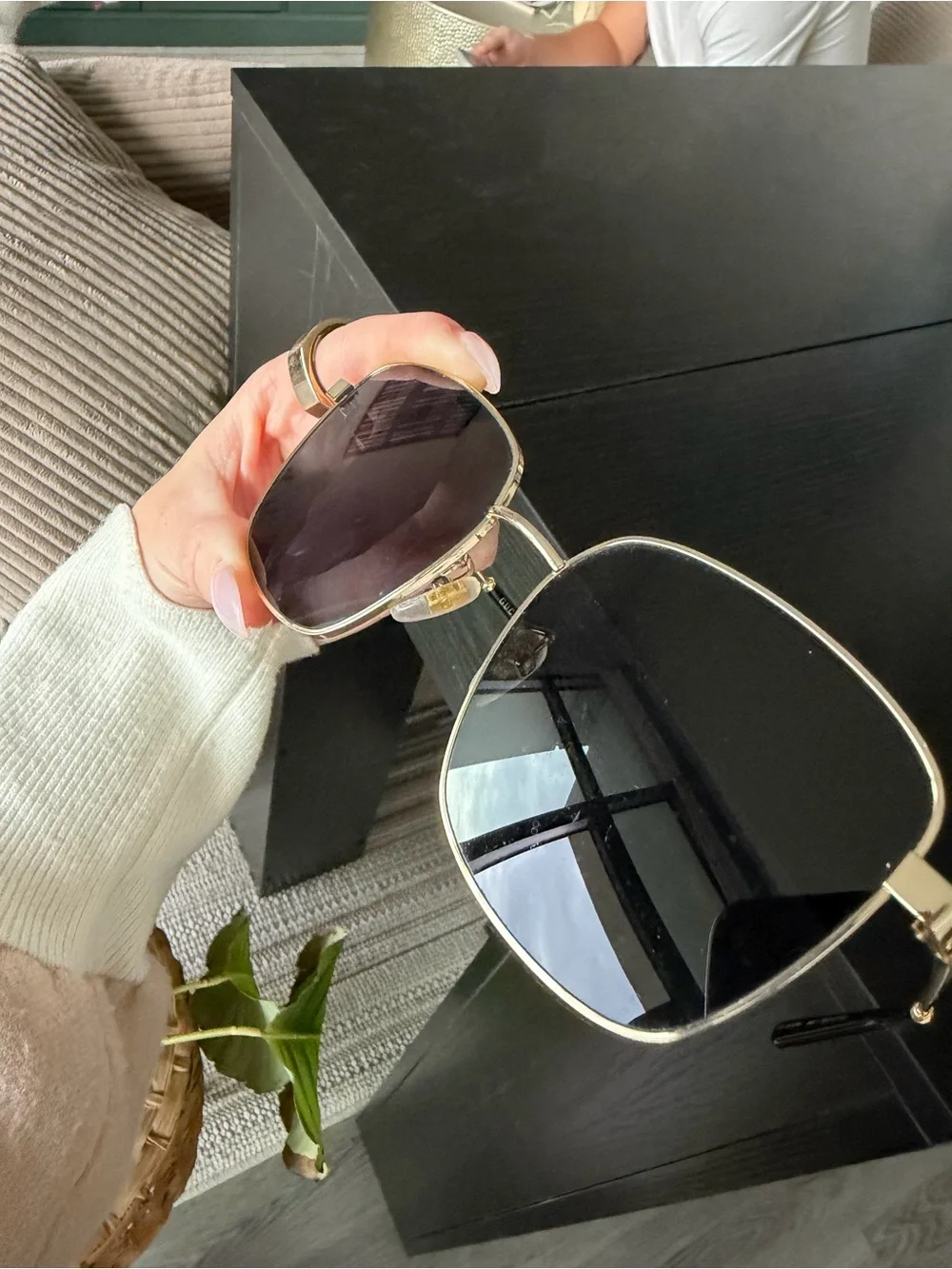 Gucci Gold Frame Black Lens Square Aviator Sunglasses